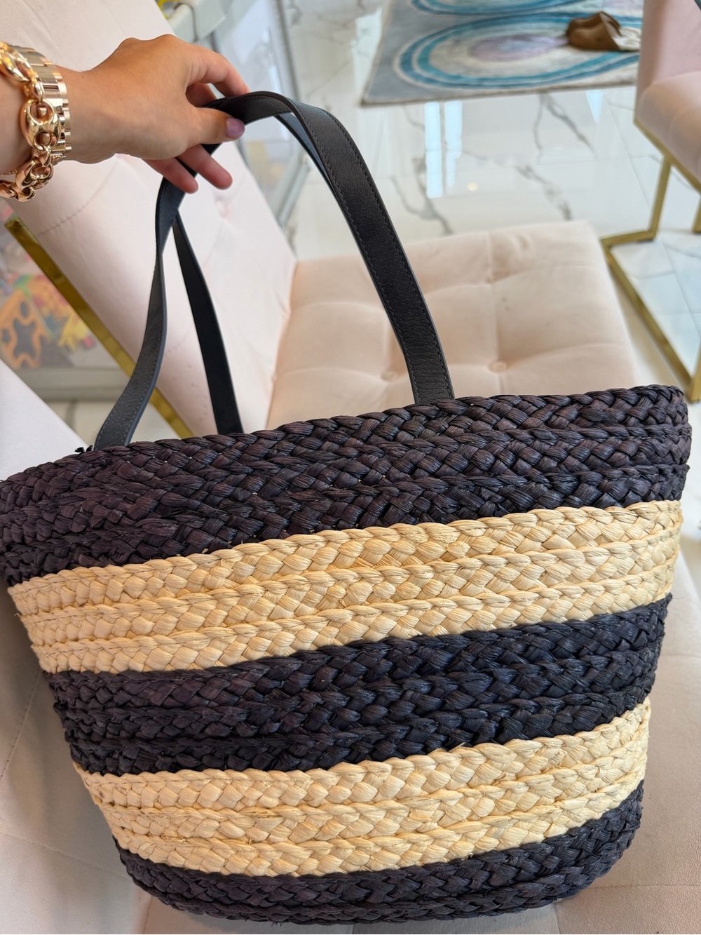 Sold Out Kate Spade Navy Natural & Orange Script “Out & About” Straw Stripe Tote - Picture 5 of 10